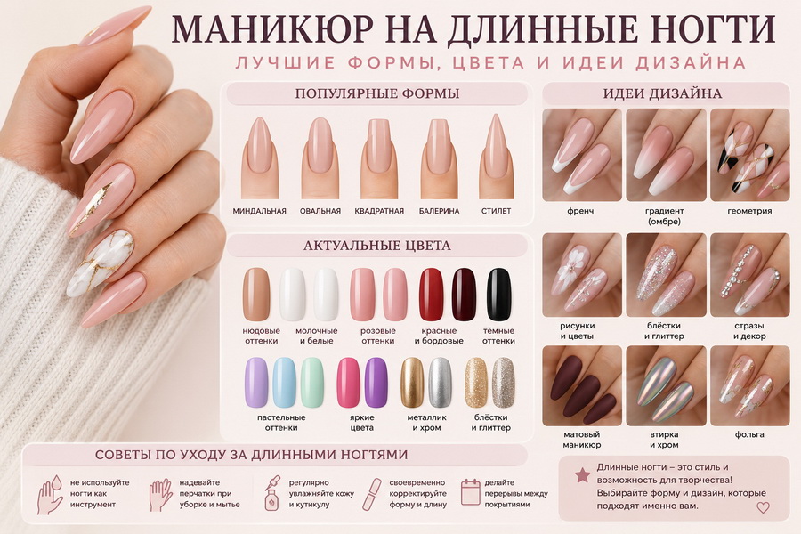 Маникюр на длинные ногти: лучшие формы, цвета и идеи дизайна