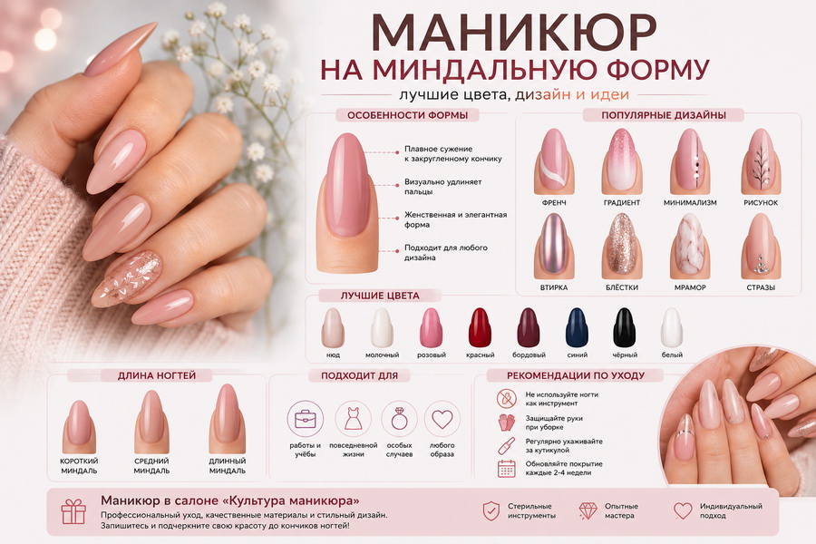 Маникюр на миндальную форму